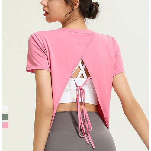 New Casual Yoga Clothes Tie Back Top T-shirt Womens Halter Sexy Sports Blouse Solid Color Short Sleeve Workout Shirts for Women