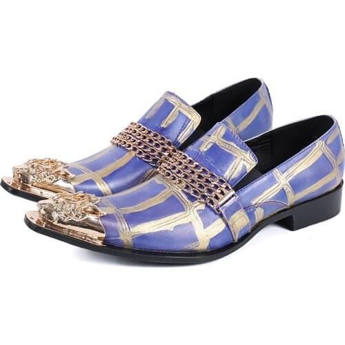 New Design Printed Party Leather Shoes for Men Metal Pointed Toe Gold Chain Slip on Shoes Man Casual Business Prom Wedding Shoes