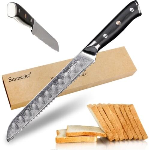 SUNNECKO 8" inch Bread Chef Knife Kitchen Knives Japanese Damascus VG10 Razor Sharp Steel Cake Knives Cutter Tools G10 Handle