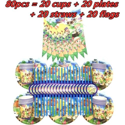 80 Pcs Animal Crossing Party Disposable Tableware Plates Cups Straws Flags Kids Birthday Party Baby Shower Decorations Supplies