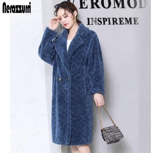 Nerazzurri Luxury brand real fur teddy coat women winter warm Double Breasted natural fur coats loose oversized sheep fur jacket