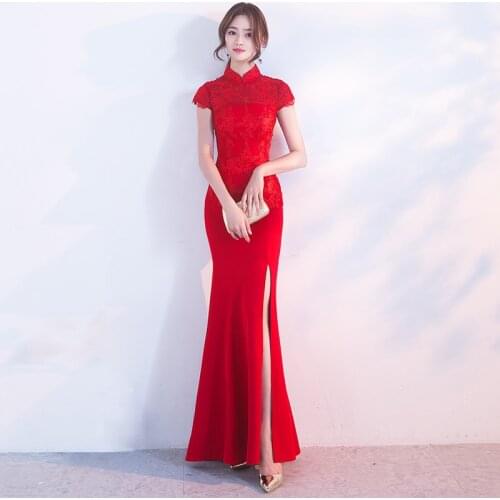 Traditional Sexy Chinese Wedding Gowns Lace Red Cheongsam Plus Size Dress Long Qipao Oriental Dresses Robe Longue Chinoise