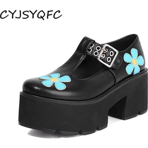 CYJSYQFC 2021 Trendy Block Heels Sweet Flower Mary Janes Casual Pumps Punk Gothic Style Black Buckle Lolita Platform Women Shoes