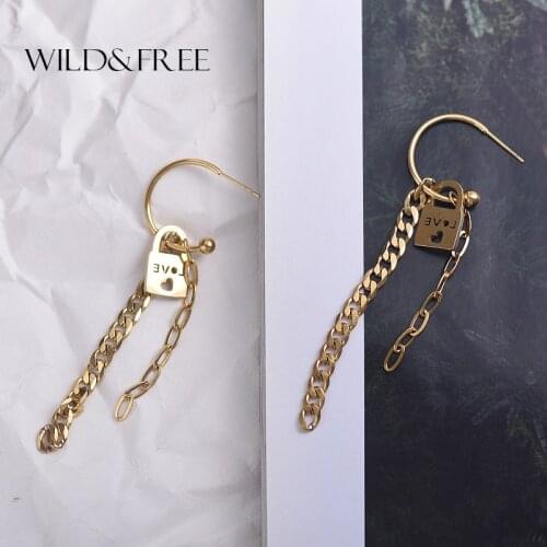 Wild&Free Fashion Tiny Lock Dangle Earrings For Women Gold Circle Long Link Chain Love Heart Earrings Stainless Steel Jewelry