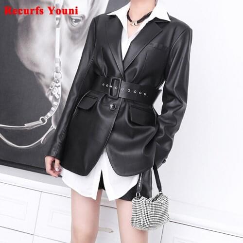 Womens Clothing Winter Genuine Leather Loose Suit Female Fashionable Handsome White Jacket Mujer Long-sleeved Coat With Belt
