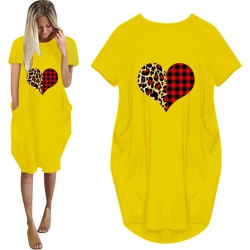 40# Women Loose Love Print Leopard O-neck Pocket Dress Casual Short Sleeve O-neck Dresses Plus Size Dress Платья Для Женщин