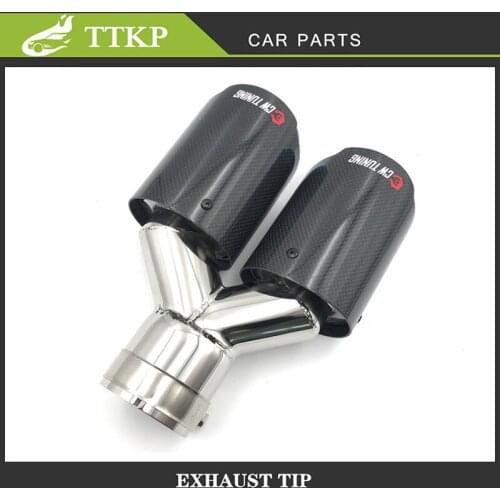 1PCS Universal Dual tip Equal Length Muffler Pipe Glossy Carbon Fibre Stainless Steel Tail End Blue Straight Exhaust Pipes Tip