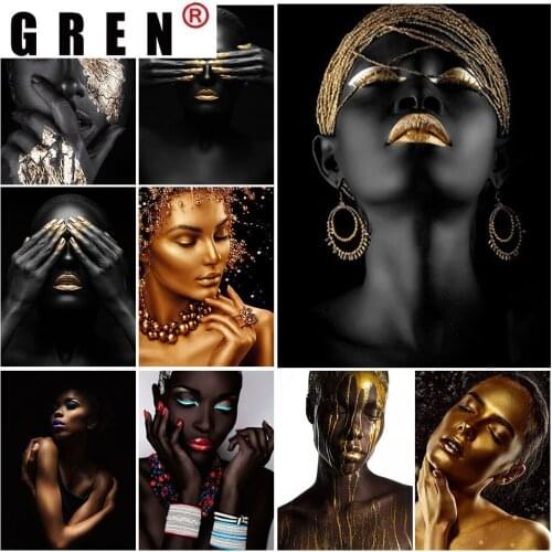 GREN 5D DIY Diamond Painting Black Woman Cross Stitch Full Round Drill Diamond Embroidery Mosaic Art Picture Rhinestone Decor