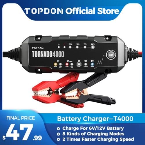 Topdon T4000 Automatic Battery Chargers 6V 12V Car Battery Charger Motorcycle Battery Chargers for 20Ah -150Ah Battery