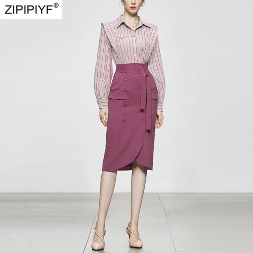 2021 Summer Runway Fashion Turn Down Neck Long Lantern Sleeve Striped Pattern Single-Breasted Blouse Bandage Office Skirts Z428