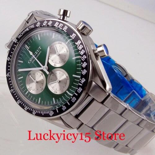 Green Quartz Chronograph Men Watch Three-eyed Dial Business Steel Bracelet Fixed Bezel Push Button Domed Glass