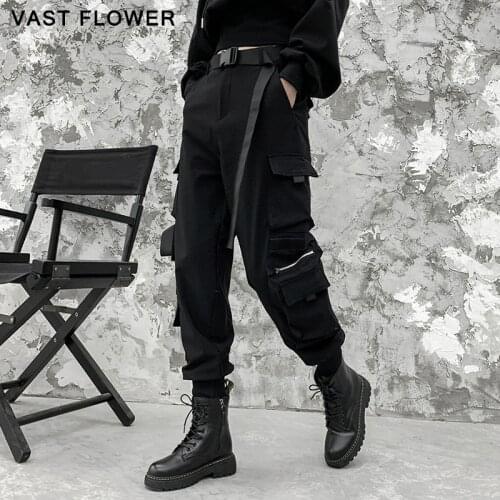 Black High Waist Ribbon Spliced Cargo Pants Women New Pockets Loose Casual Fashion Personality Trousers Spring Autumn 2021