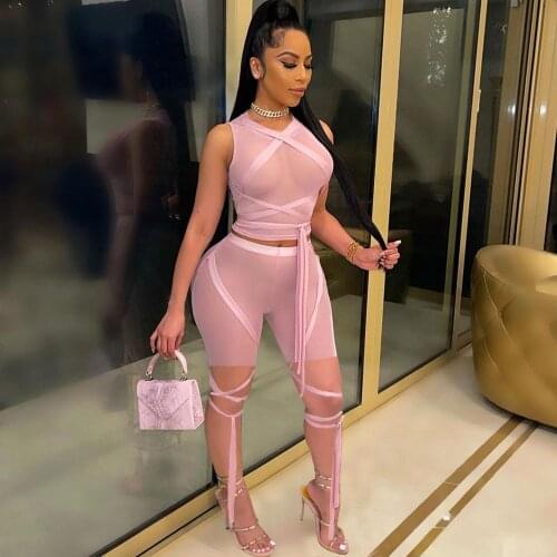 Sexy Ribbons Mesh Sheer 2 Piece Set Women Matching Sets Club Outfits Party Night Festival Clothing Crop Top Biker Shorts Suits