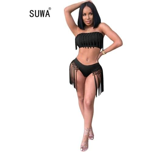 New arrival 2020 tassel design sexy lady clothes strapless bra top and triangle shorts 2 piece set fashion sexy club outfit