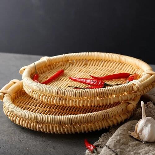 Rattan Round Square Bread Cracker Biscuit Cakes Candy Nuts Storage Tray Basket Handwoven High Wall Severing Tray Food Storage