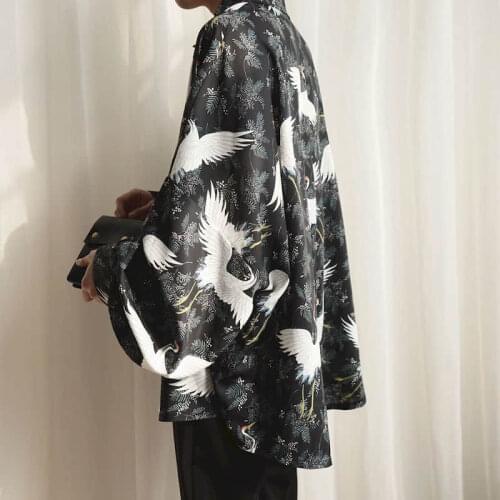 Crane print shirt mens long-sleeved national tide antique flower bud sleeve printing temperament shirt for men and women fresh