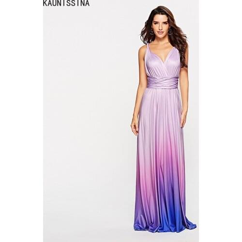 Sexy Gradient Cocktail Dresses V-Neck Sleeveless Long Party Gowns Robe De Cocktail Elastic Criss-Cross Backless Prom Dresses