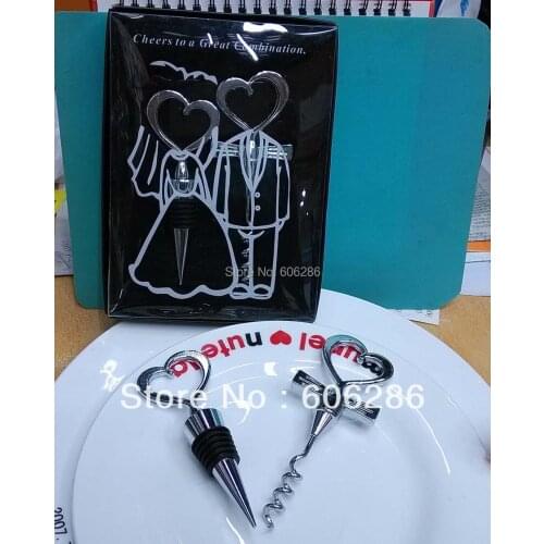 SG 100sets/lot Gifts Zinc Alloy Couple Wine Bottle Stopper And Opener for Wedding party return gifts
