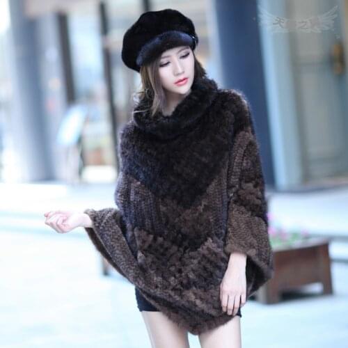 2016 Autumn Winter Womens Genuine Real Knitted Mink Fur Cape Turn-down Collar Shawl Lady Fashion Poncho VF0108
