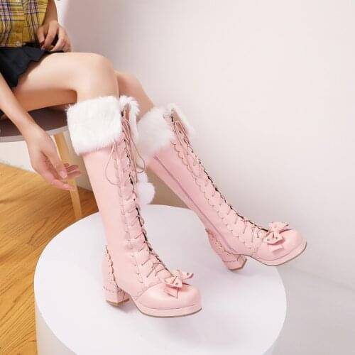 2021 Women Boots Sweet Female Single Shoes Roune Toe Knee High Boots Fur High Heels Girls Cosplay Shoes Japanese Style