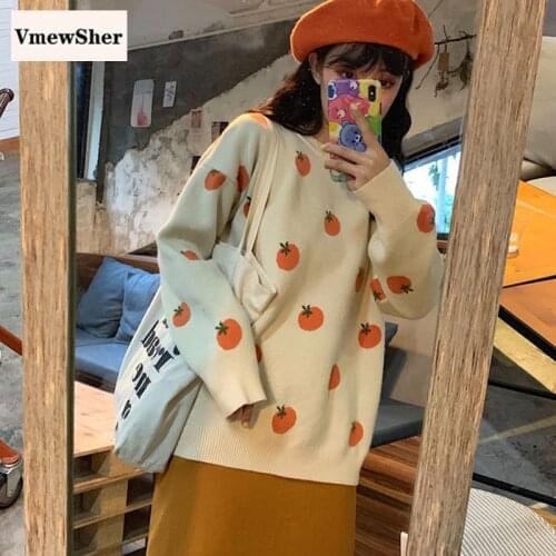 VmewSher New Cute Sweater Women Chic Tomato Pattern Long Sleeve O-neck Daily Loose Knitwear Fall Casual All-match Pullover Top