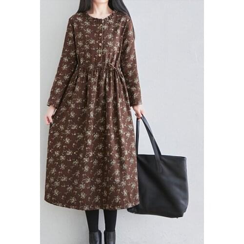 2021 New Ruffle Callor Fashion Autumn Dress Cotton Linen Print Floral Vintage Office Lady Work Dress Women Spring Casual Dress