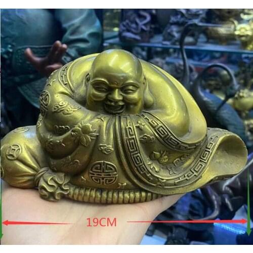 19CM Chinese Buddhism Brass Seat Happy Laugh Maitreya Buddha Bag Statue Sculpture