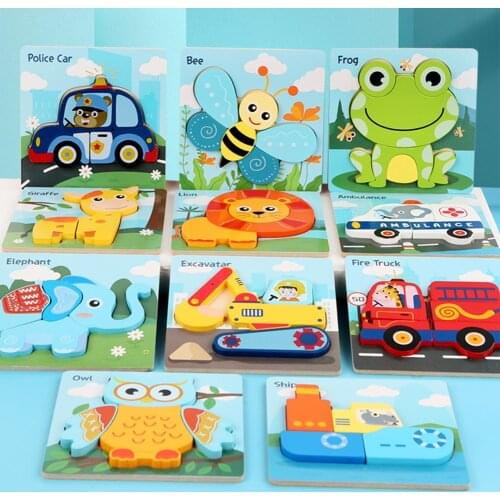 3D Cartoons Jigsaw Puzzle Wooden Card Montessori Early Educational Learning Card Baby Early Education Small Puzzle Toy