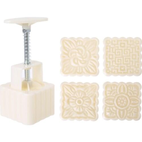 4pcs Square Hand Press Stamp Moon Cake Decor Barrel Mooncake Mold 100g Pastry DIY Tool Mid-Autumn Festival