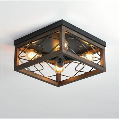 American Retro 4-Head Ceiling Lamp Imitation Wood Art Industrial Style Living Room Ceiling Lamp Bedroom Dining Room Square Lamps