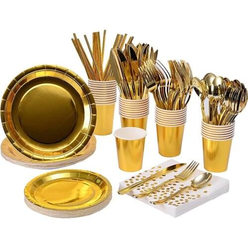 Gold Paper Plates Napkins Cups Plastic Forks spoon knife Birthday Party Disposable Tableware Set Wedding Baby Shower Decorations