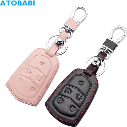 5 Buttons Real Leather Car Key Case For Cadillac SRX 2015 2016 ATS CTS CT6 XT5 XTS Smart Remote Fob Cover Keychain Protector Bag