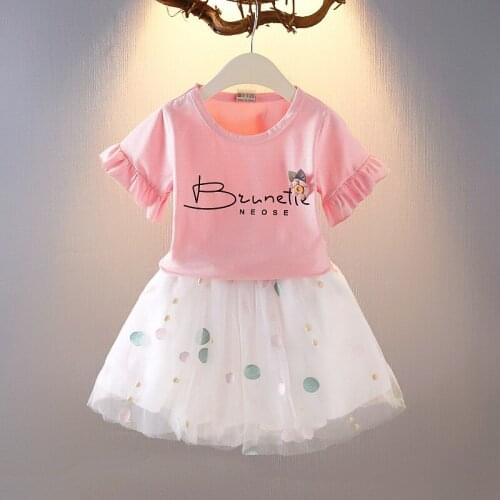 Girls Sweet Printed T-shirt + Mesh Skirt Two-piece Suit Fashion Clothes Kids Boutique Clothing Wholesale Girls Clothing Set Kids