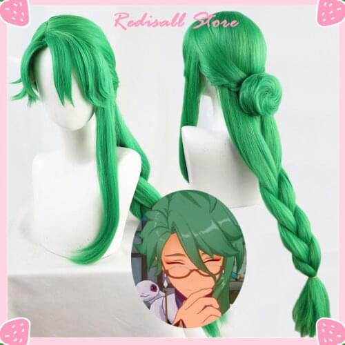 Genshin Impact Cosplay BAIZHU Wig Removable Bun Baishu Green 90cm Long Straight Braided Ponytail Heat Resistant Hair Role Play