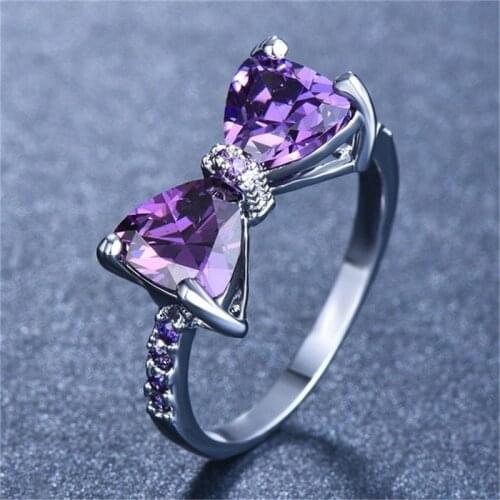 LETAPI Silver Color Purple Bow Ring For Women Cute Cubic Zirconia Rings Fashion Jewelry Gift