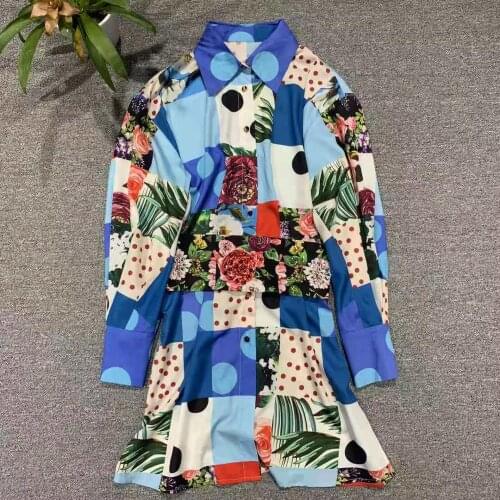 Runway Fashion Shirt Spring Summer New Arrival Chiffon Dots Blue Flower Print Scarf Beaing Belt Mini Dress