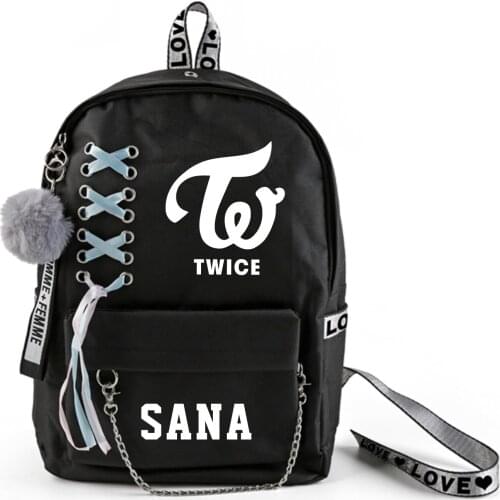 New arrival Korean Band TWICE Member name Printed Backpack Fashion Colored ribbon Backpack Canvas computer Backpack Rucksack