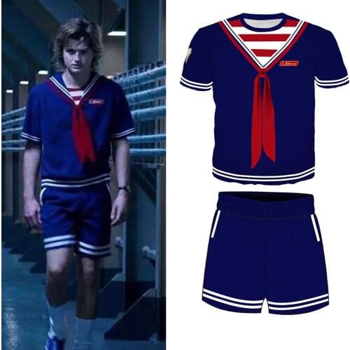 Stranger Things Season 3 Scoops Ahoy Steve Pants and T shirt Set Cosplay Costume Summer T-shirt Pants Pj Set Tee Suit