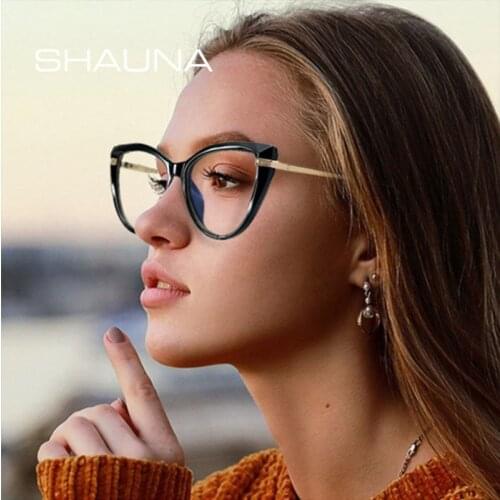SHAUNA Stylish Faceted Anti Blue Light TR90 Cat Eye Optical Frames Fashion Spring Hinge Computer Glasses