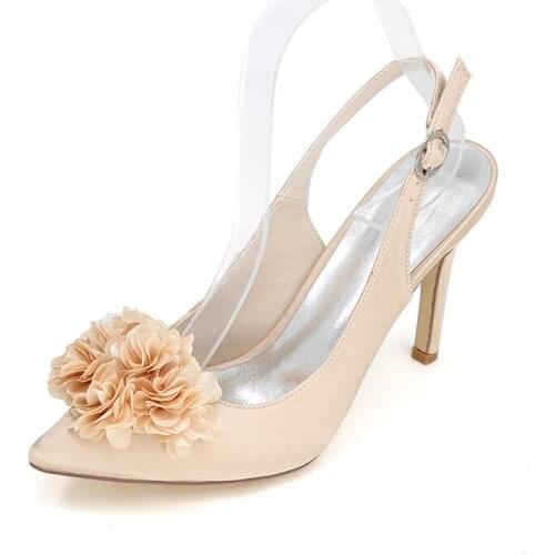 OnnPnnQ High Heels Satin Flower Wedding Shoes for Bride Pointed Toe Heeled Buckle Strap Prom Evening Party Dress Pumps Women