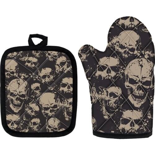 Microwave Oven Gloves Mitts Pot Pad Heat Proof Protected Baking Gothic Skull Style Flexible Cooking Oven Mitts for BBQ Grilling