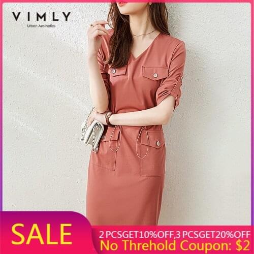 Vimly 2021 Spring Women Elegant Dress Fashion V Neck Solid High Waist Three Quarter Dresses Autumn Female Vestidos F6173