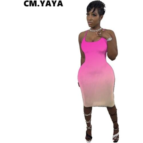 CM.YAYA Women Mini Dress Gradient Color Sleeveless Spaghetti Strap O-neck Skinny Elastic Dresses Sexy Night Club Party Dress
