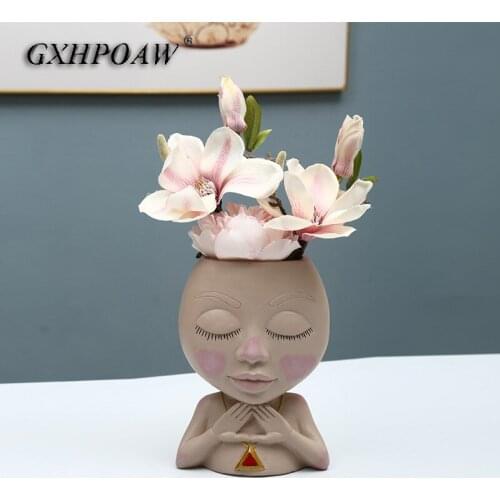 Modern Exquisite Hand Made Resin Flower Pot Peace Girl Doll Succulents Flower Pots Flower Arrangement Vase Home Decor Ornaments