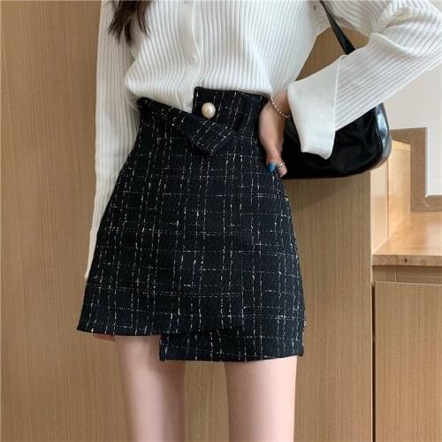 Vintage Plaid Tweed Skirts Women High Waist A-line Black Wool Mini Asymmetarical Skirt Fashion Casual All-match Spring Fall