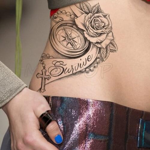 Temporary Tattoo Stickers Sexy Rose Cross Compass Fake Tatto Waterproof Tatoo Back Leg Arm Belly Big Size for Women Men Girl