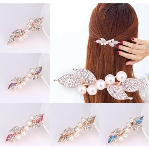 Pearl Side Bangs Clip Women Girls Rhinestones Crystal Korean 1PC Leaf Shape Hair Clips Spring Clip Hair Accessories