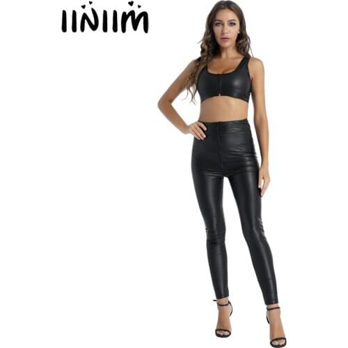 Women Latex Lingerie Set Wetlook Patent Leather Costumes Sleeveless Cropped Tank Tops with Zipper Crotch High Waist Skinny Pants
