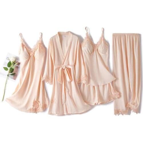 Women Sleepwear 5PCS Pajamas Set Sexy Satin Robe Lace Patchwork Kimono Gown Soft Lounge Bathrobe Sleep Suit With Chest Pads