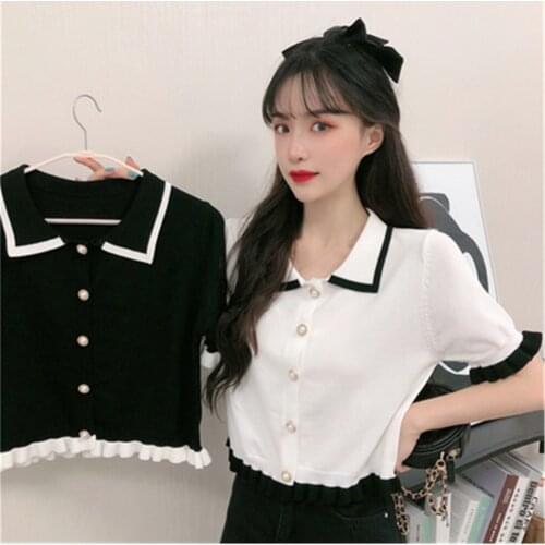 Ruffles Knit Cardigan Shirt Women Single-breasted Patched Ruffles Elastic Crop Sweater Summer Tops Female Cardigans